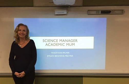 Picture of Tracey-Ann Palmer in front of first slide for careers presentation at Monte Sant' Angelo College