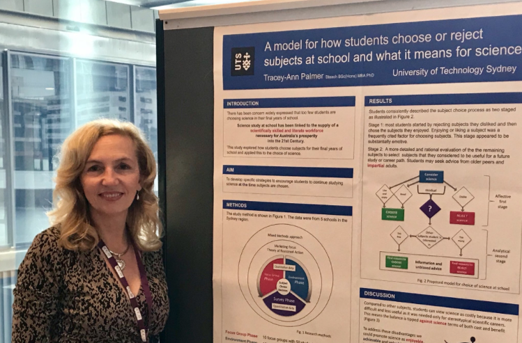 Picture of Tracey-Ann Palmer in front of her poster at the ACER 2019 conference