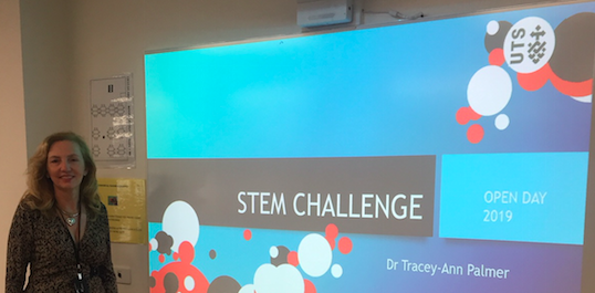 Picture of Tracey-Ann Palmer in front of slide for the UTS Open Day 2019 workshop