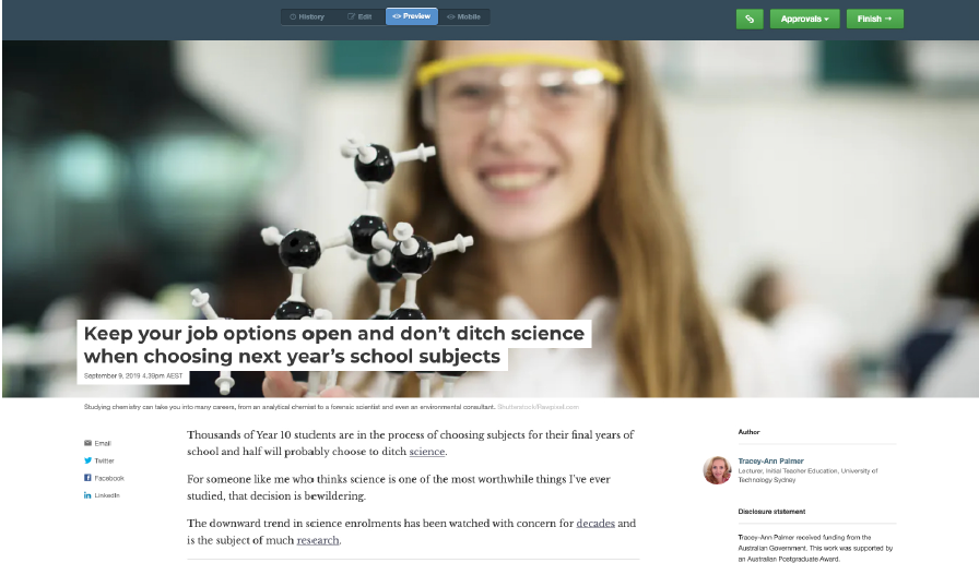 Picture of article in The Conversation by Tracey-Ann Palmer entitled keep your options open and don't ditch science when choosing next year's school subjects
