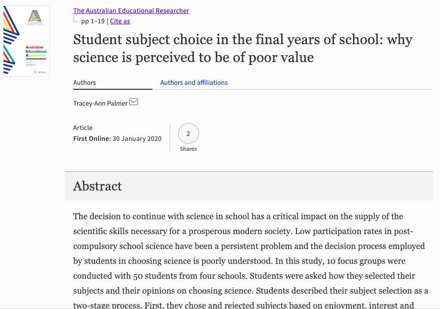 Picture of screen shot showing link to published paper Student subject choice in the final years of school by Tracey-Ann Palmer